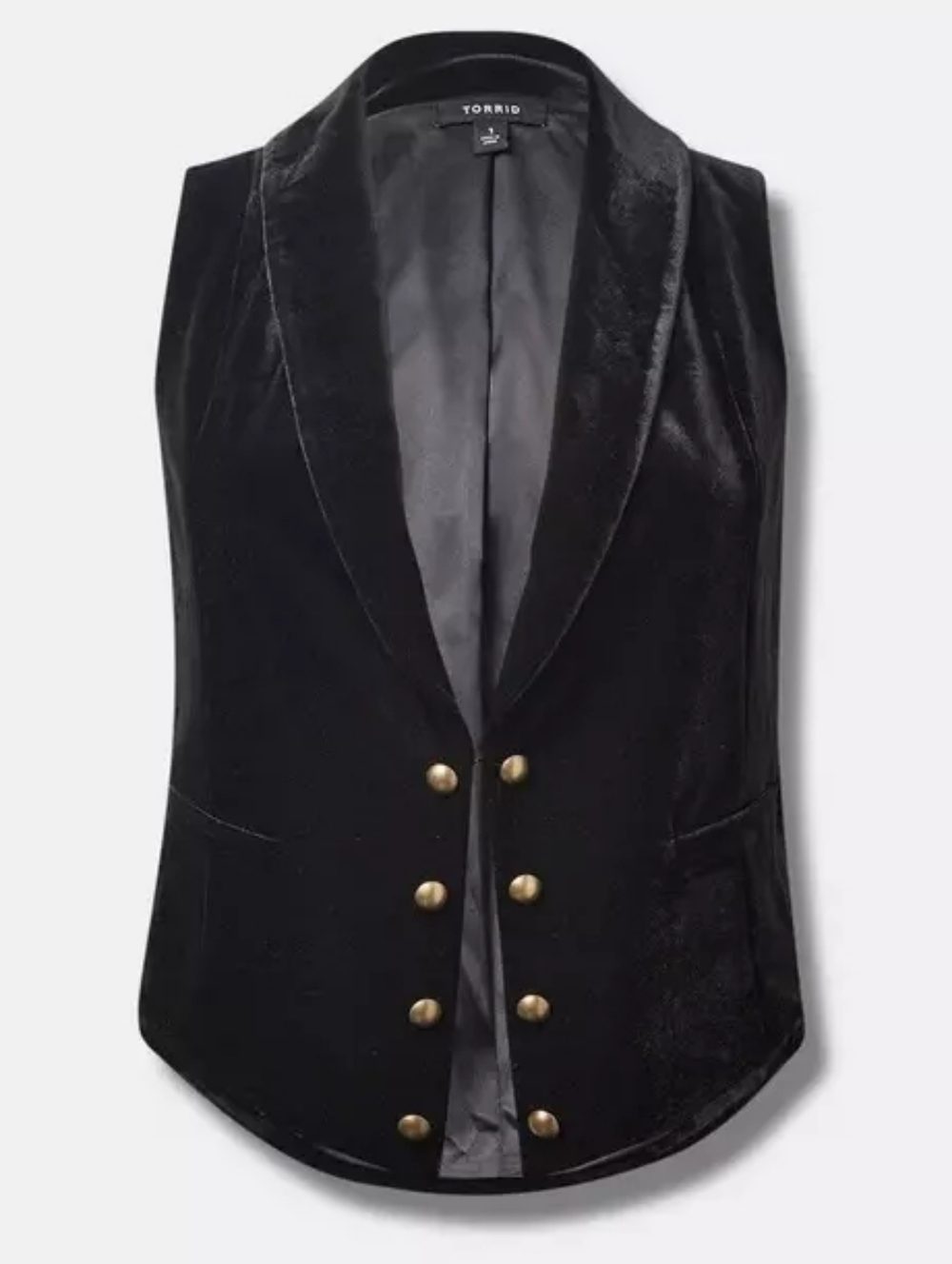 TORRID 4X Stretch Black Velvet Double-Breasted Vest with Gold Buttons